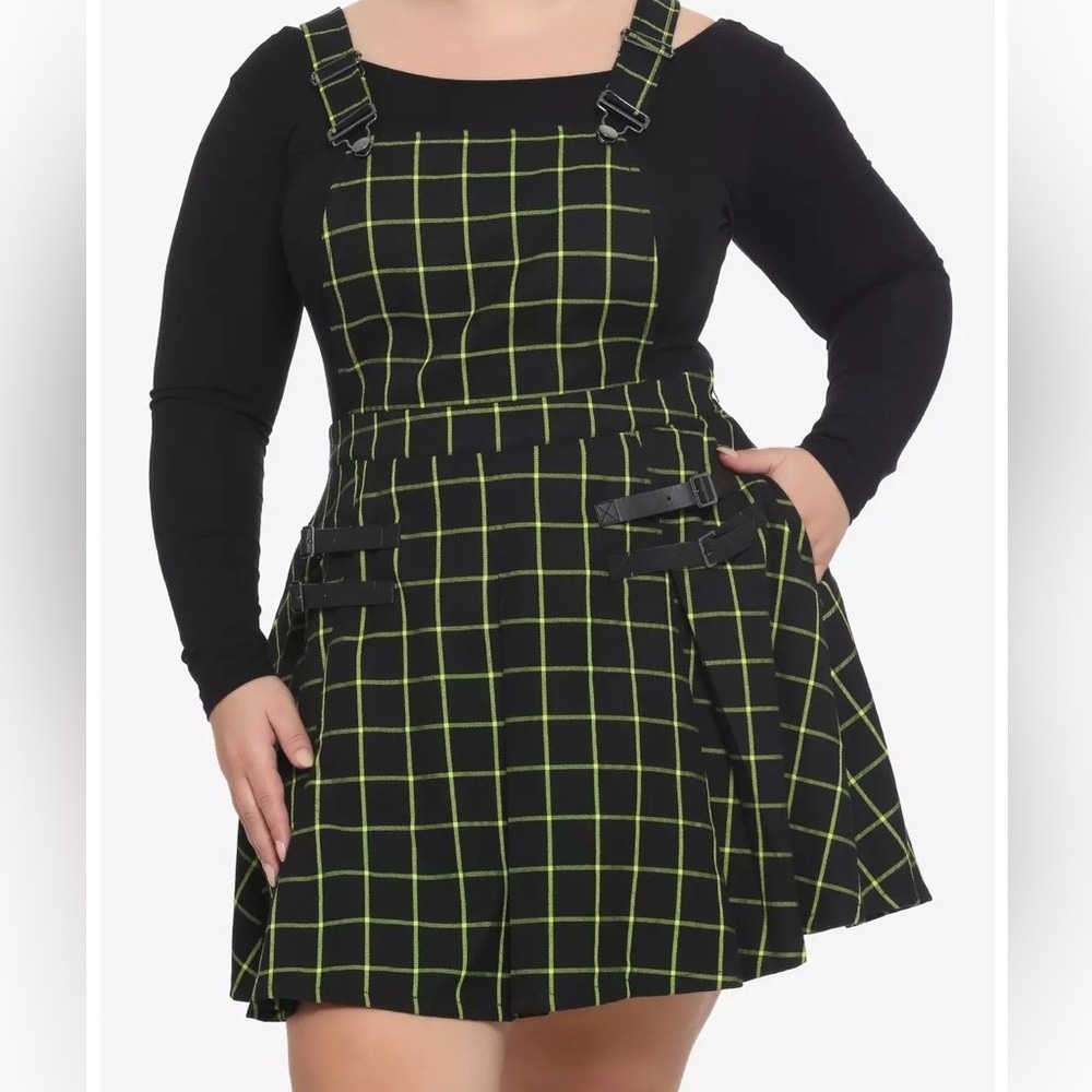 Hot Topic Green Black Grid Plaid Pleated Skirt Overall Pinafore Punk Skater 2X